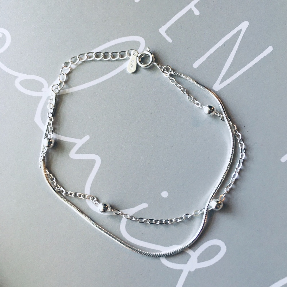 Sterling Silver Double Strand Snake Chain Bracelet - Picture 6 of 11